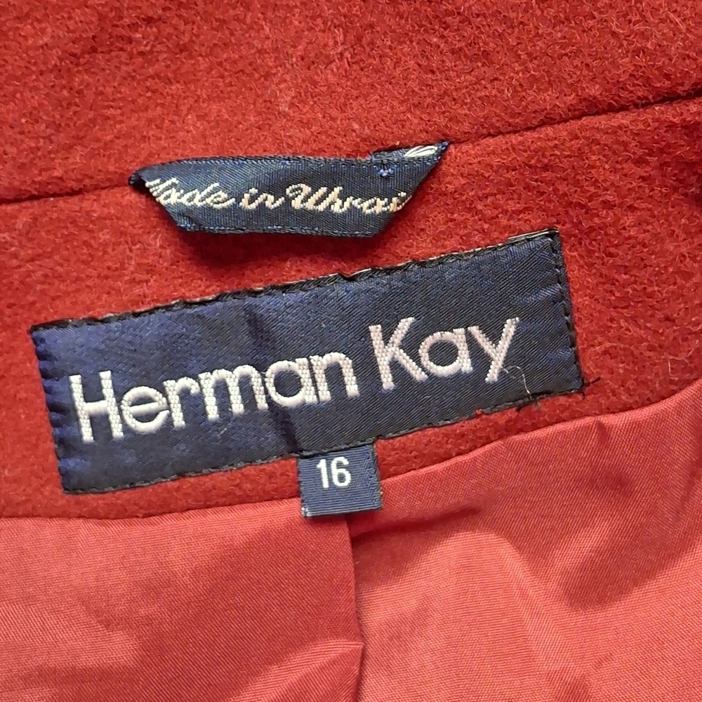 Herman Kay Red Wool and Black Velvet Trim Coat Vintage Women Size 16 - Picture 2 of 16